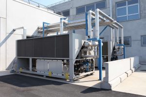 A large HVAC unit on the roof of a building